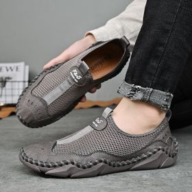 Men's summer new mesh breathable comfortable large size handmade bean shoes slip-on loafers loafers (Color: Gray, size: 39)